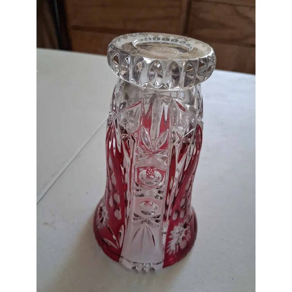 Vintage Ruby Red Cut to Clear Crystal Vase Floral Scalloped Rim Bohemian 6 inch